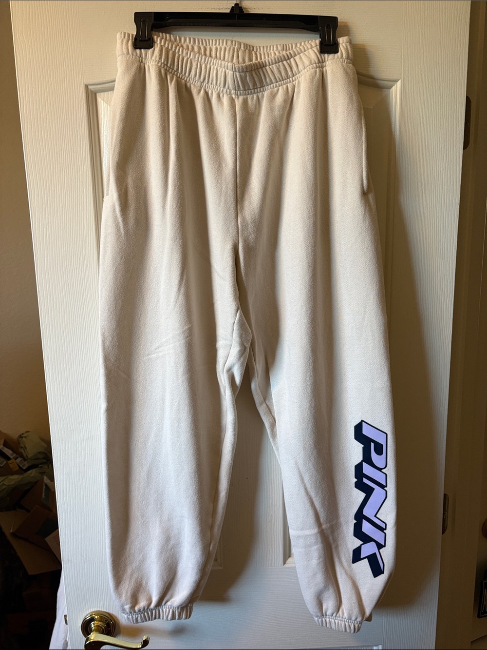 PINK Victoria’s Secret Cream Sweatpants with a Purple and Blue Velvet Logo sz M